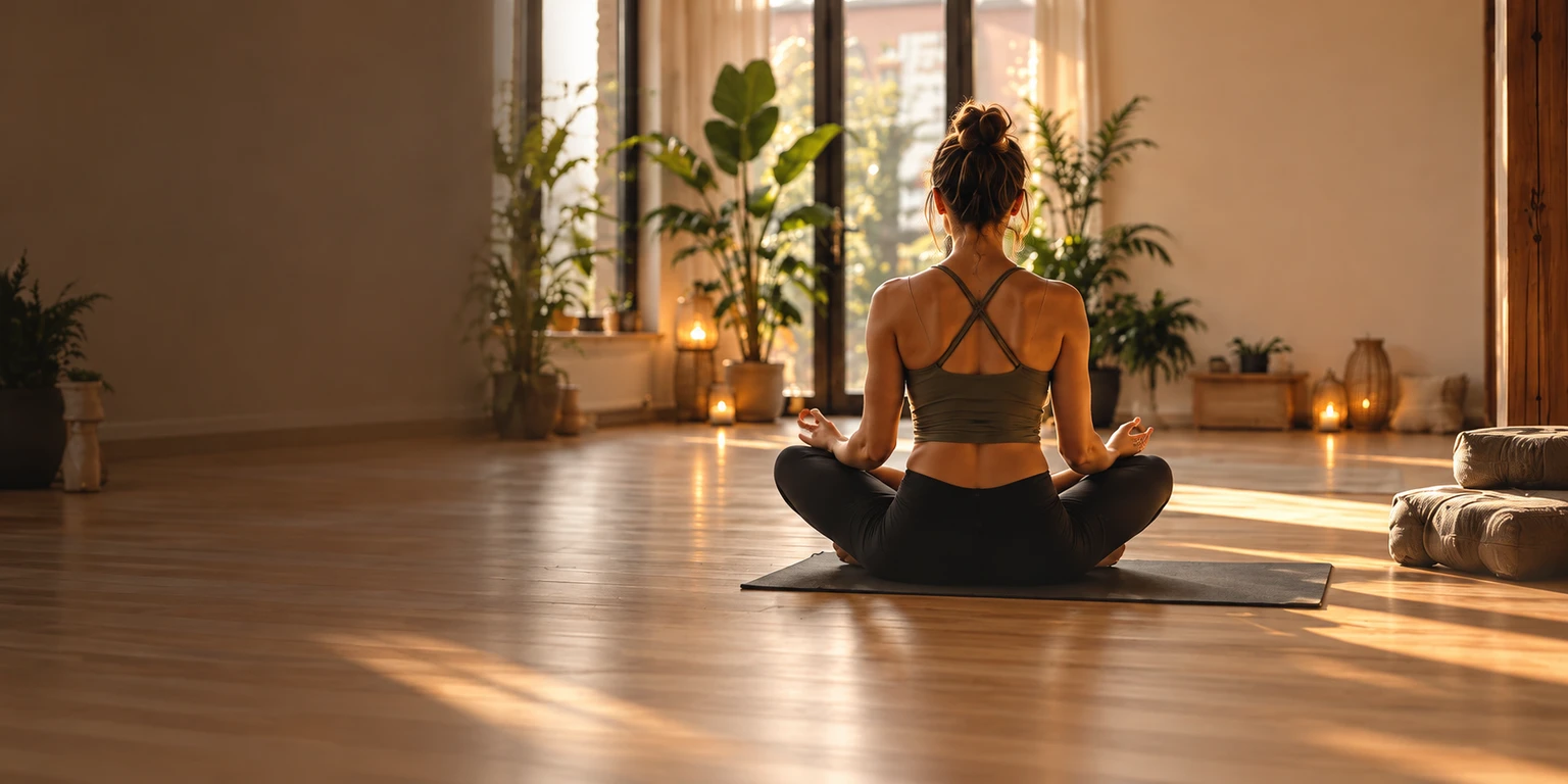 Meditierende Frau in einem warmen, lichtdurchfluteten Yogastudio