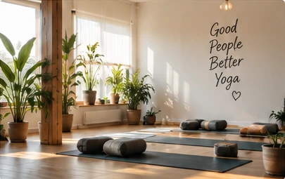 Helles Yogastudio mit Pflanzen, Matten und Meditationskissen